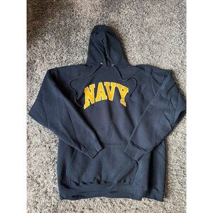 Vintage Navy Blue Hoodie With Yellow "NAVY" Print By Dodger 2XL P3